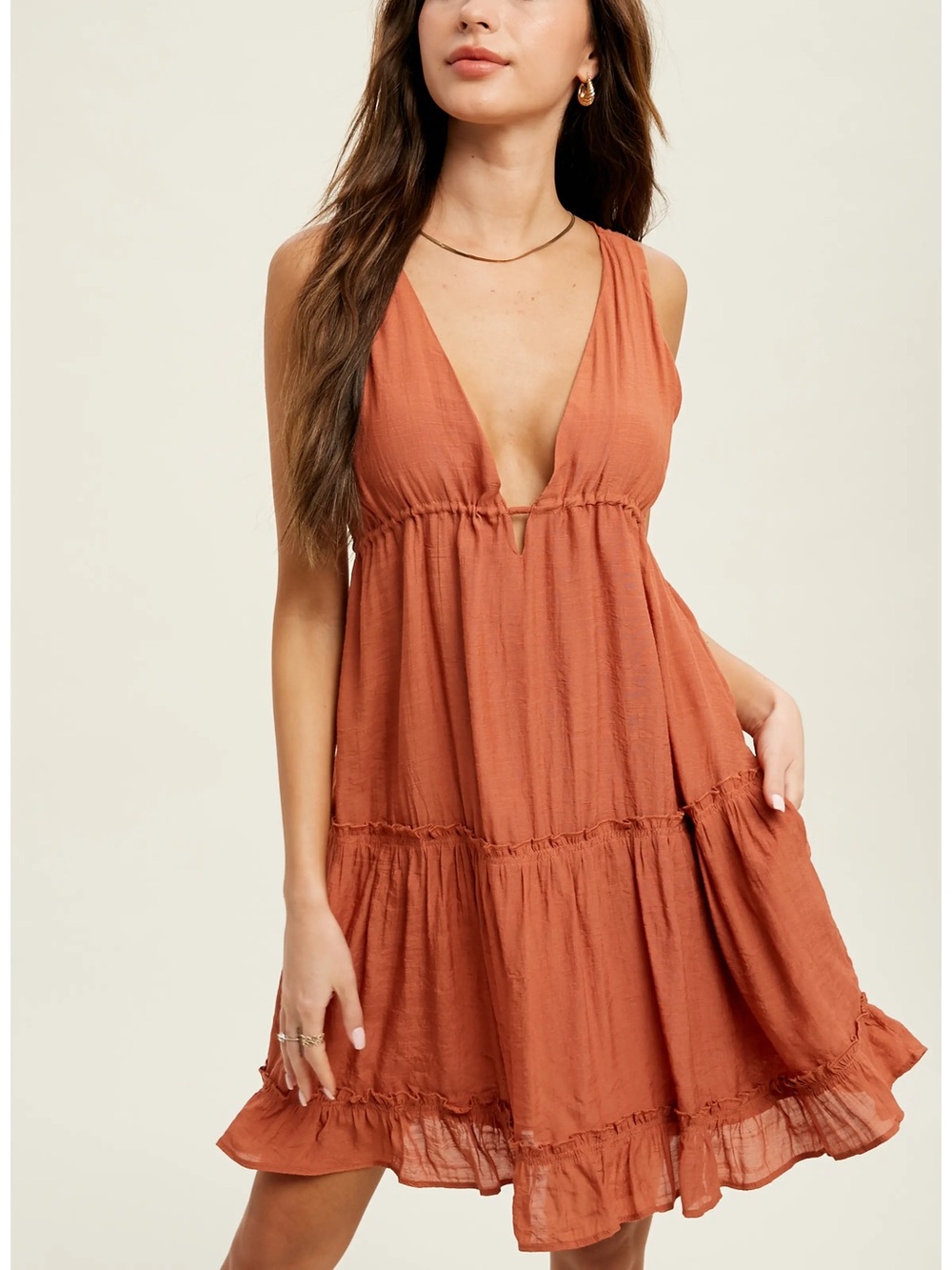 Wishlist Apparel dress v neck tiered ruffle mini dress golden brown